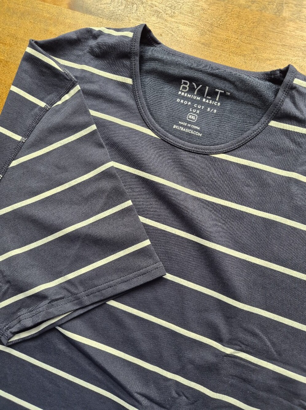 BYLT Basic Mens XXL Navy Cream Tee Drop Cut Lux Casual Striped 2XL